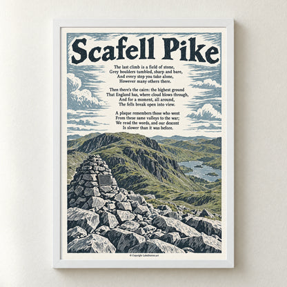 Scafell Pike poem print in a white frame