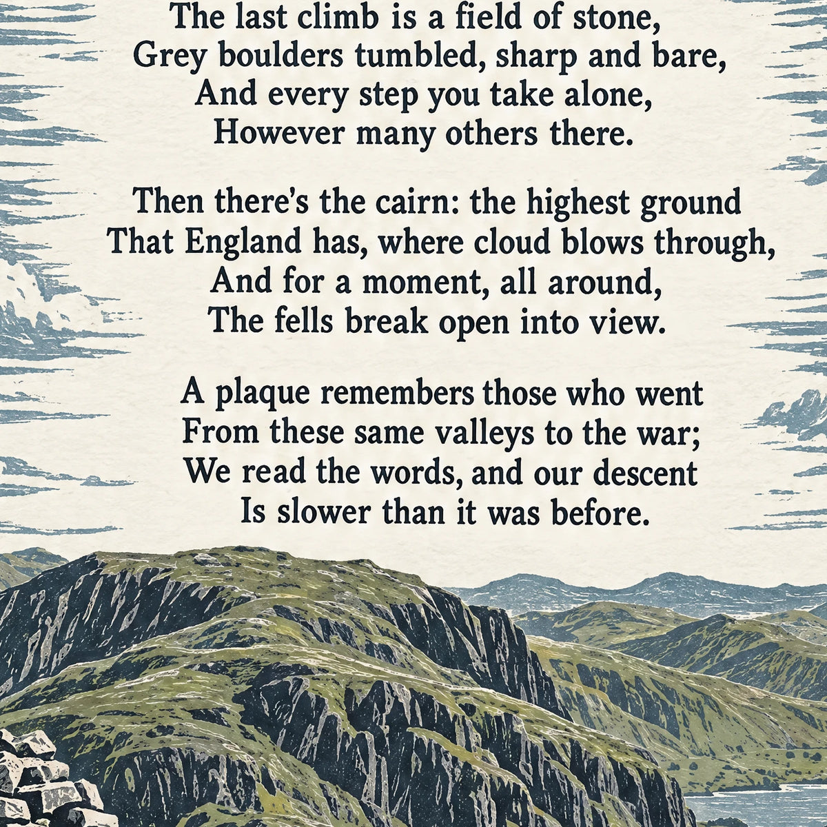Scafell Pike poem print close-up: the lettering of the poem