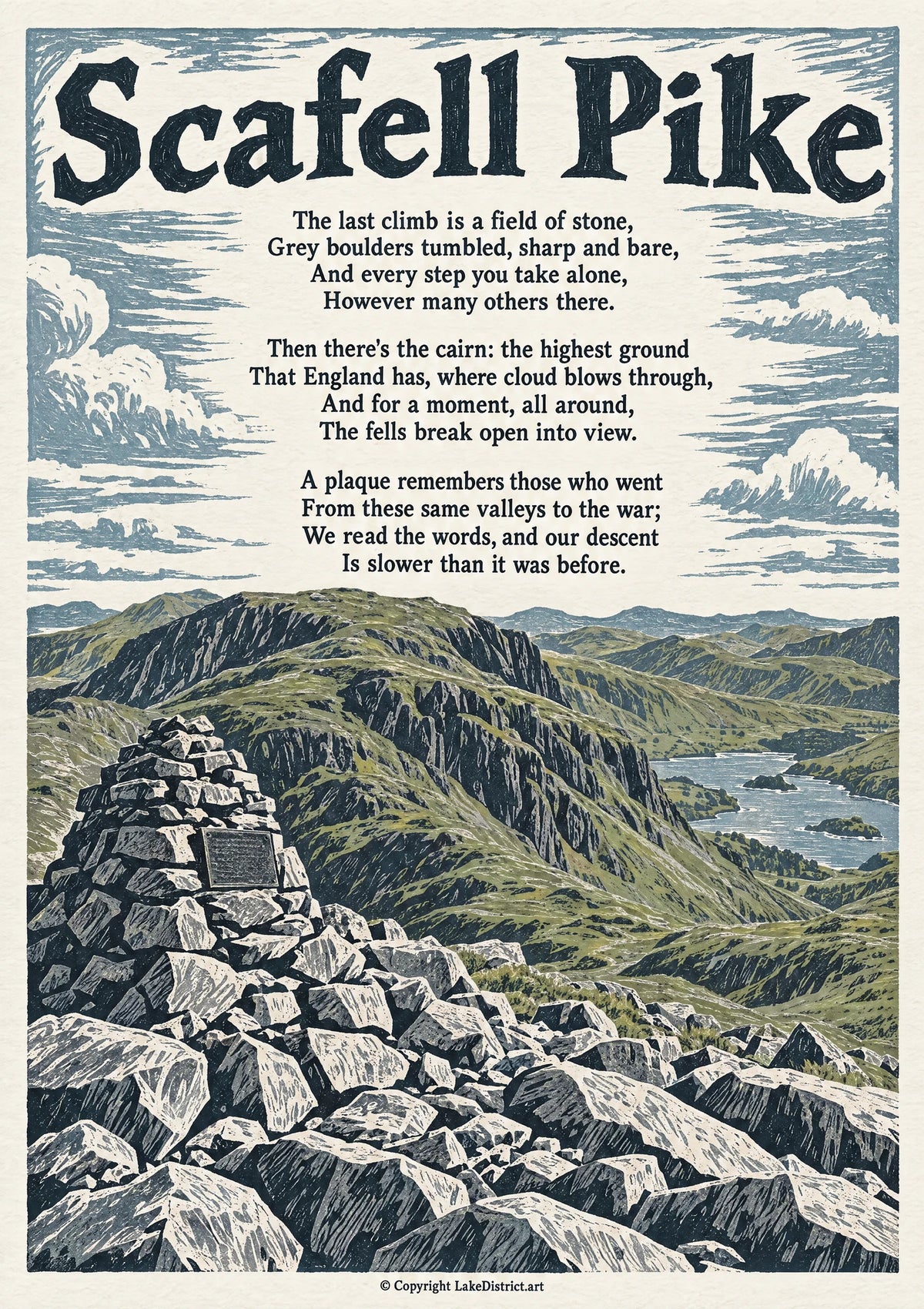Scafell Pike, an illustrated Lake District poem print