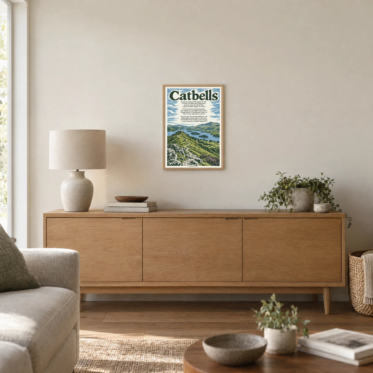 Catbells poem print at A3 size, in a natural frame, hanging in a living room