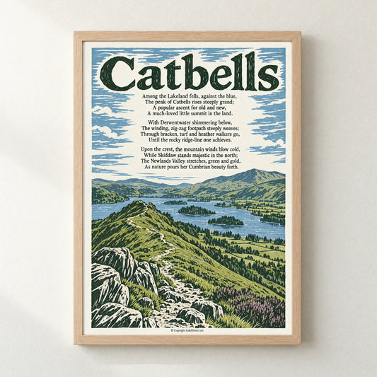 Catbells poem print in a natural frame