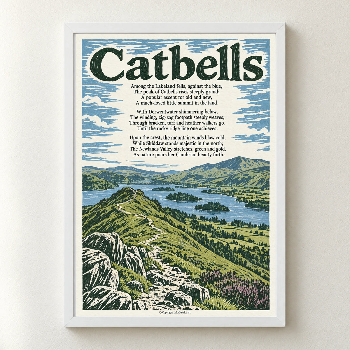 Catbells poem print in a white frame