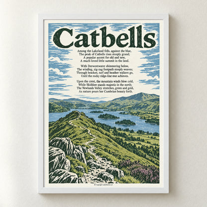 Catbells poem print in a white frame