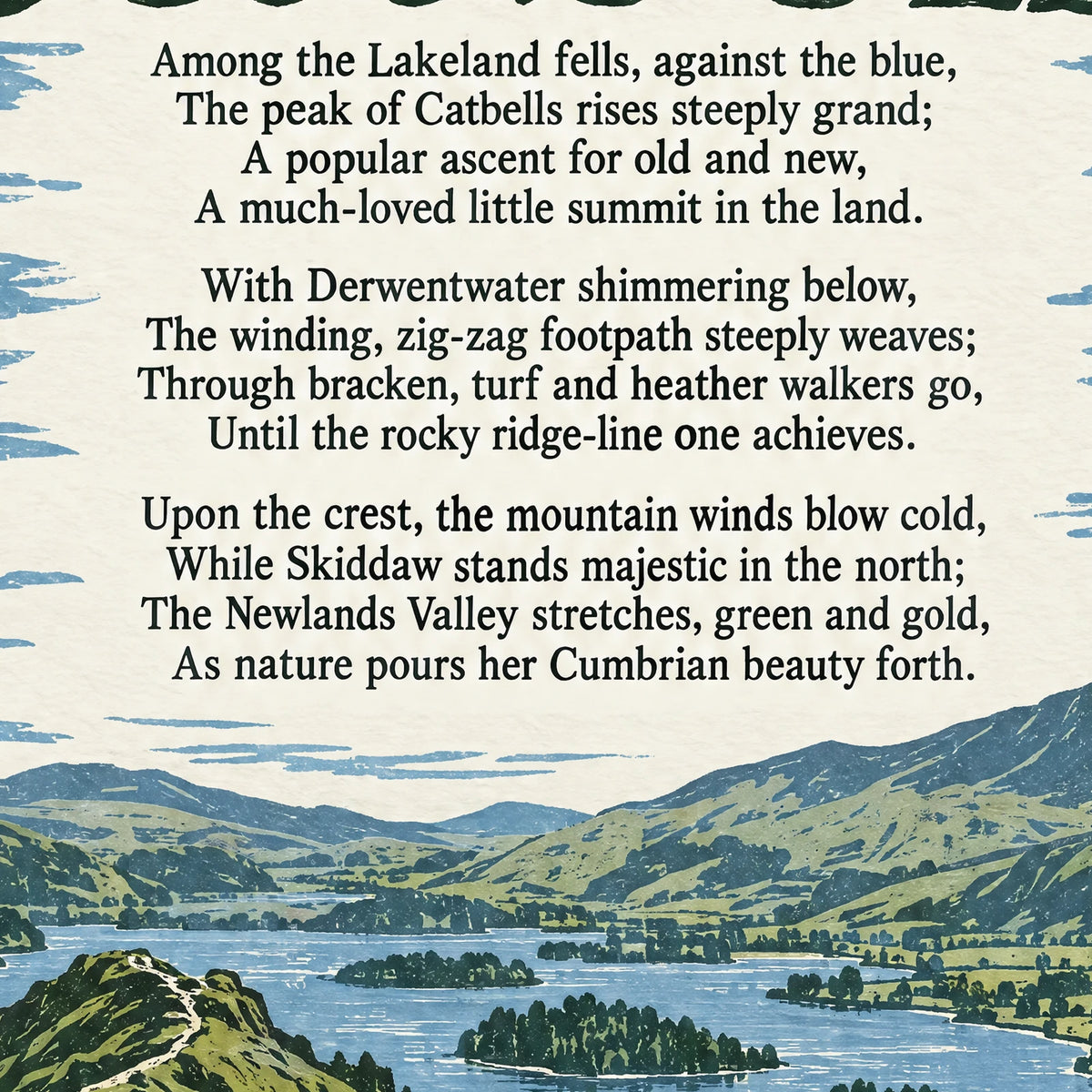 Catbells poem print close-up: the lettering of the poem