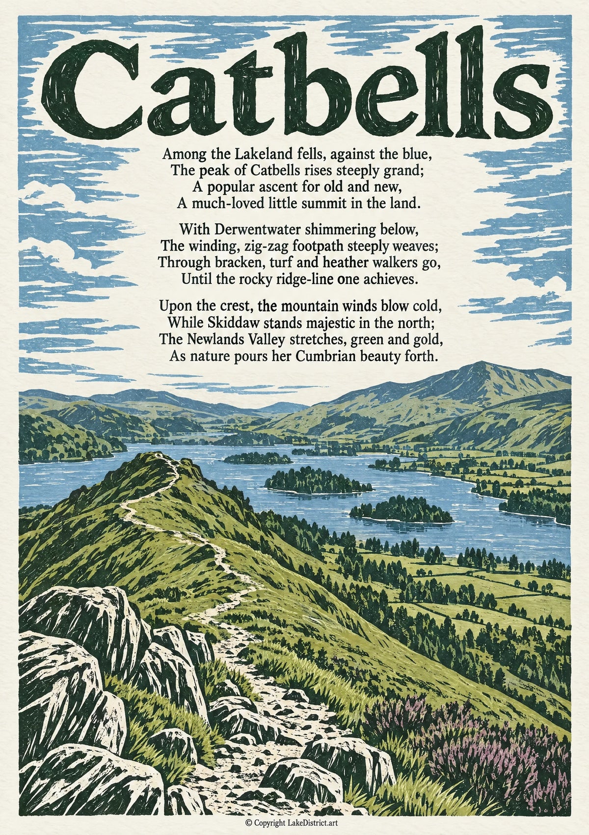 Catbells, an illustrated Lake District poem print