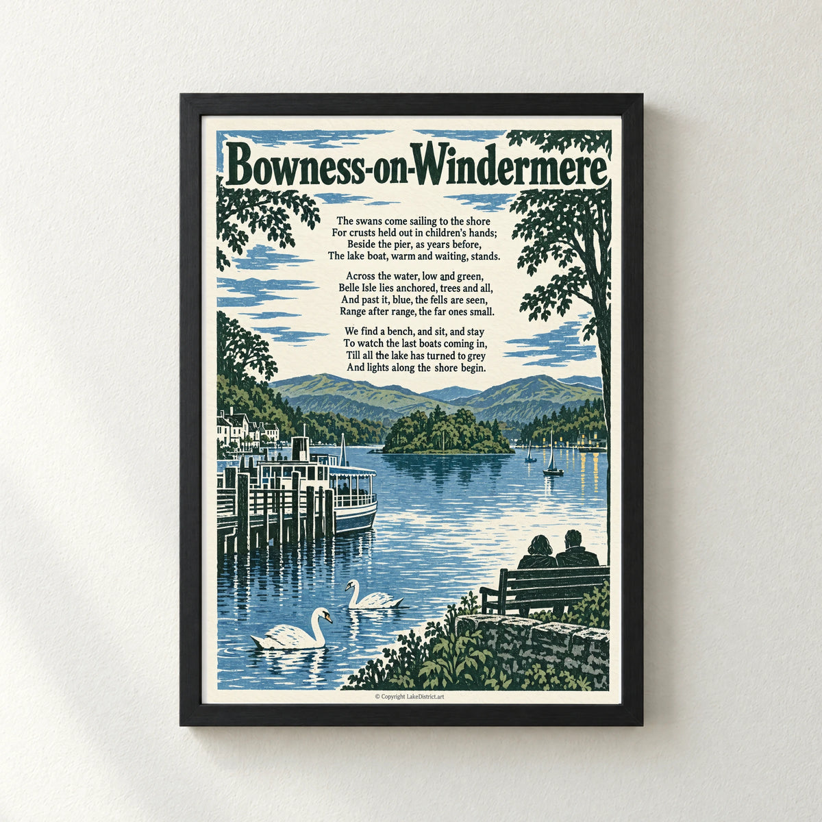 Bowness-on-Windermere poem print in a black frame