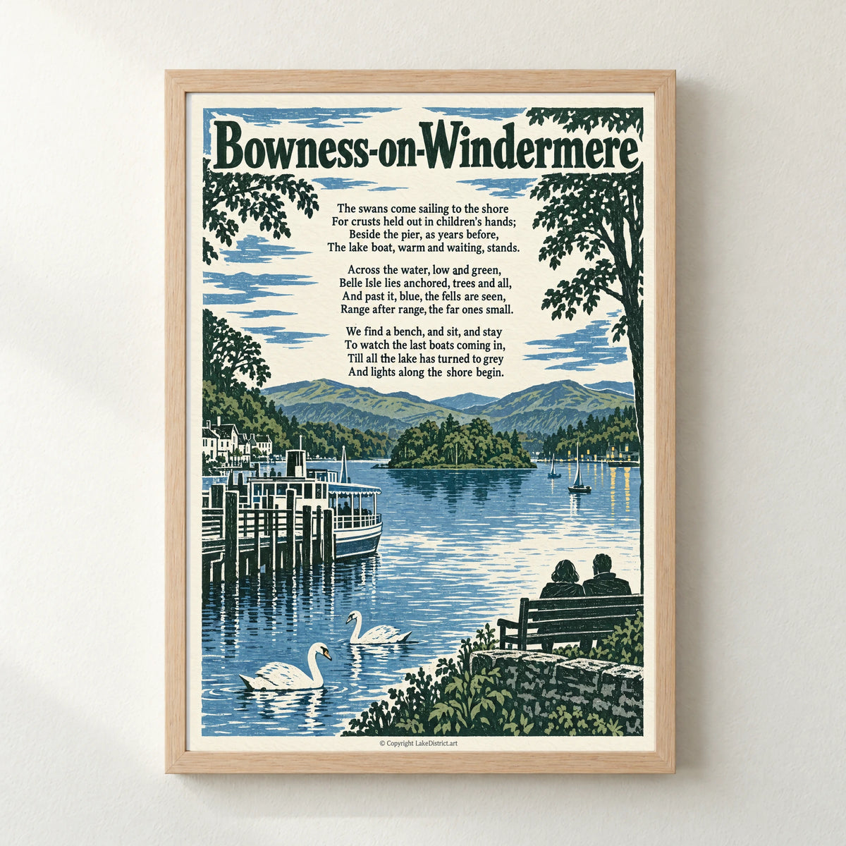 Bowness-on-Windermere poem print in a natural frame