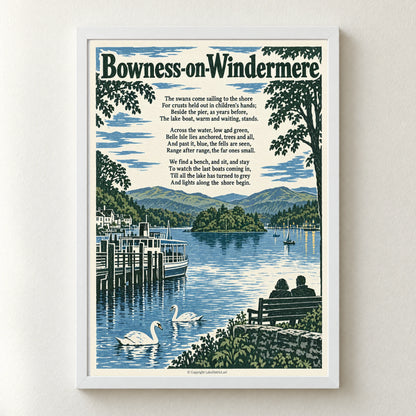 Bowness-on-Windermere poem print in a white frame