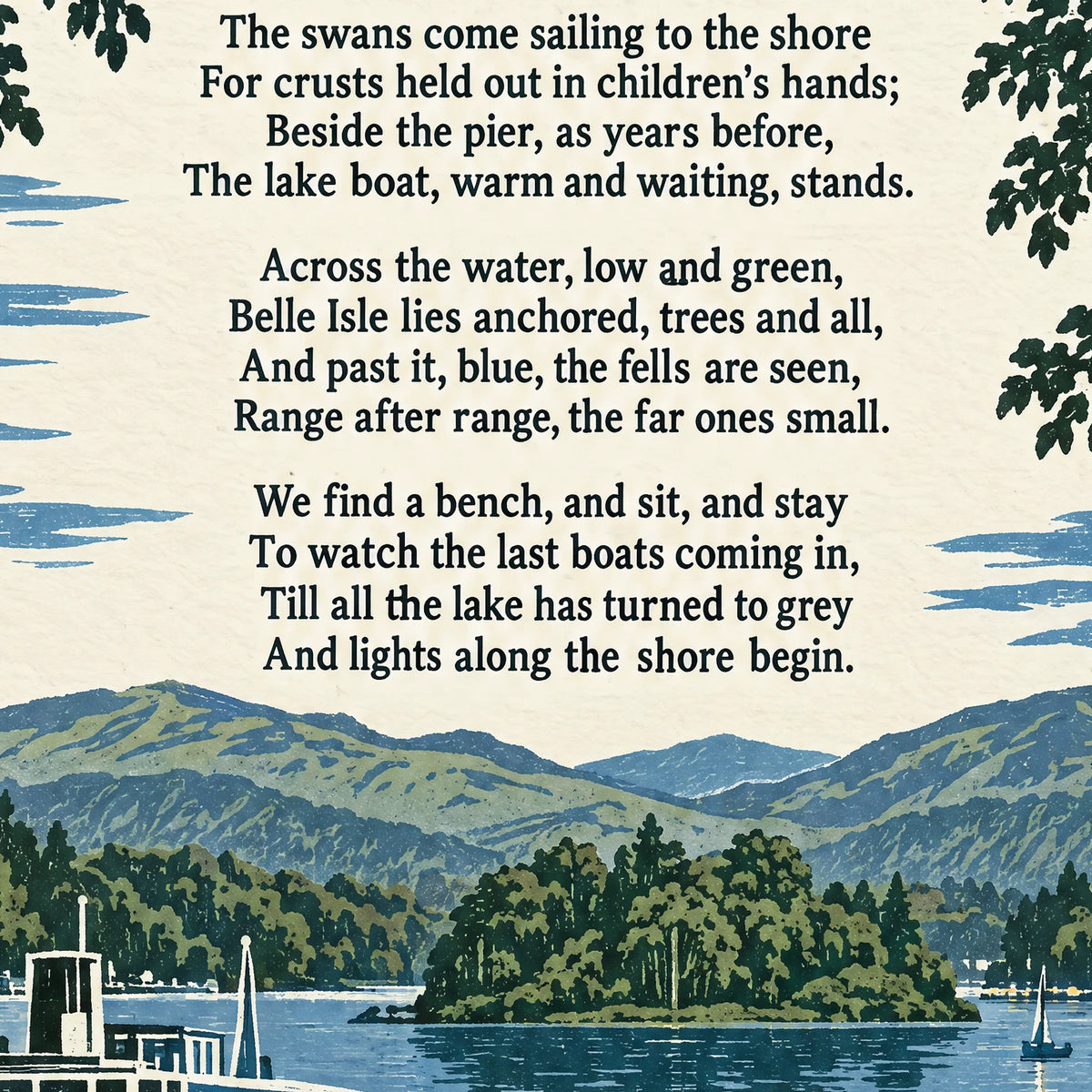 Bowness-on-Windermere poem print close-up: the lettering of the poem