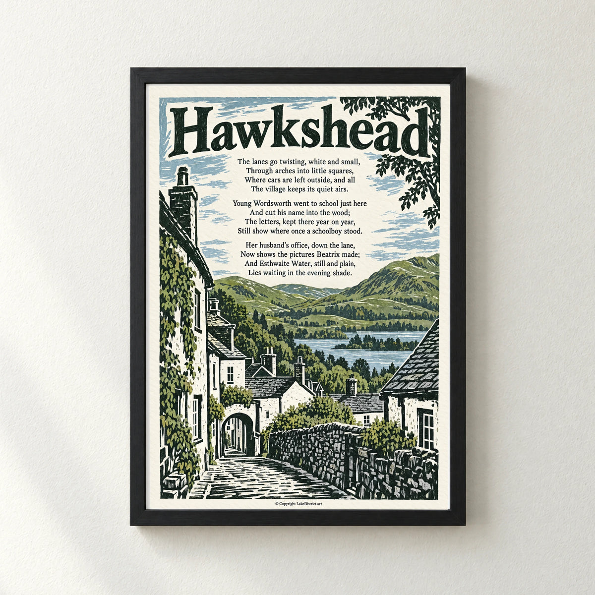 Hawkshead poem print in a black frame