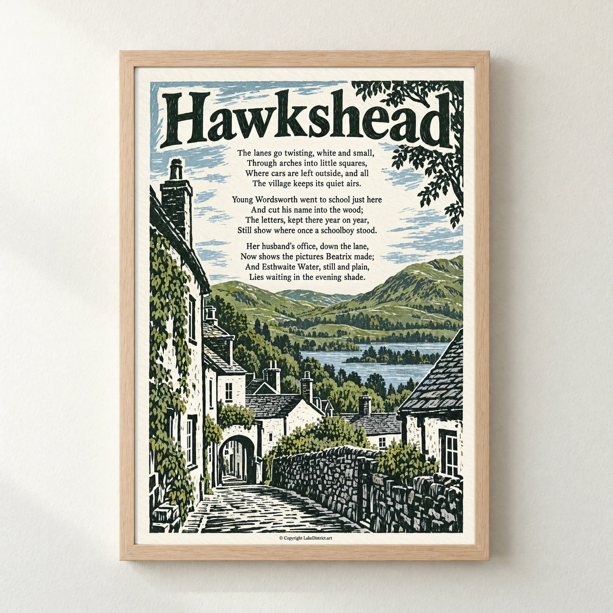 Hawkshead poem print in a natural frame