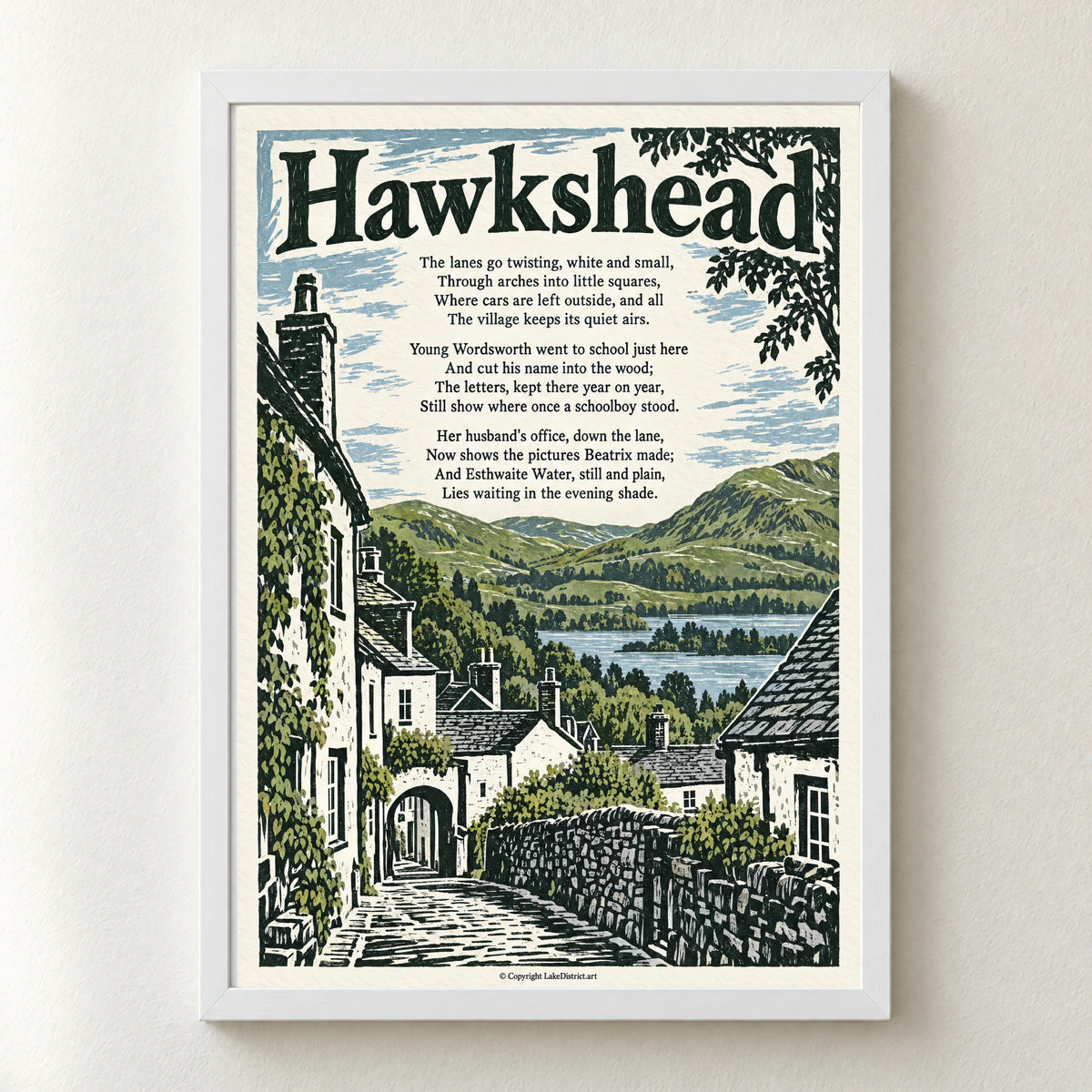 Hawkshead poem print in a white frame