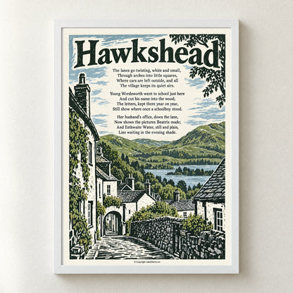 Hawkshead poem print in a white frame