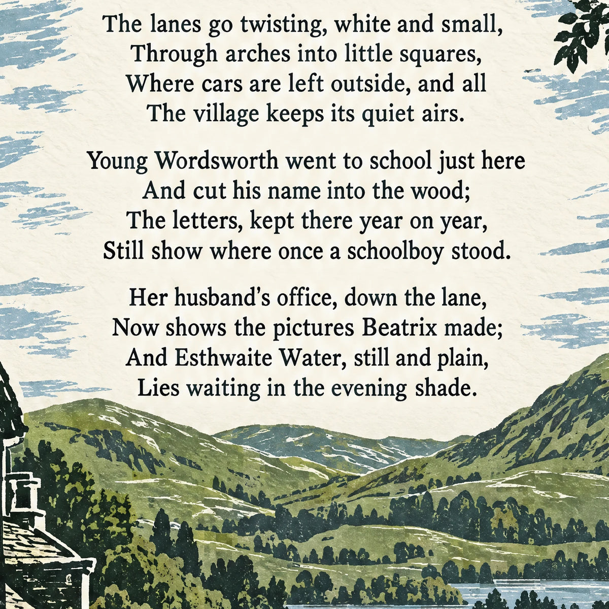 Hawkshead poem print close-up: the lettering of the poem