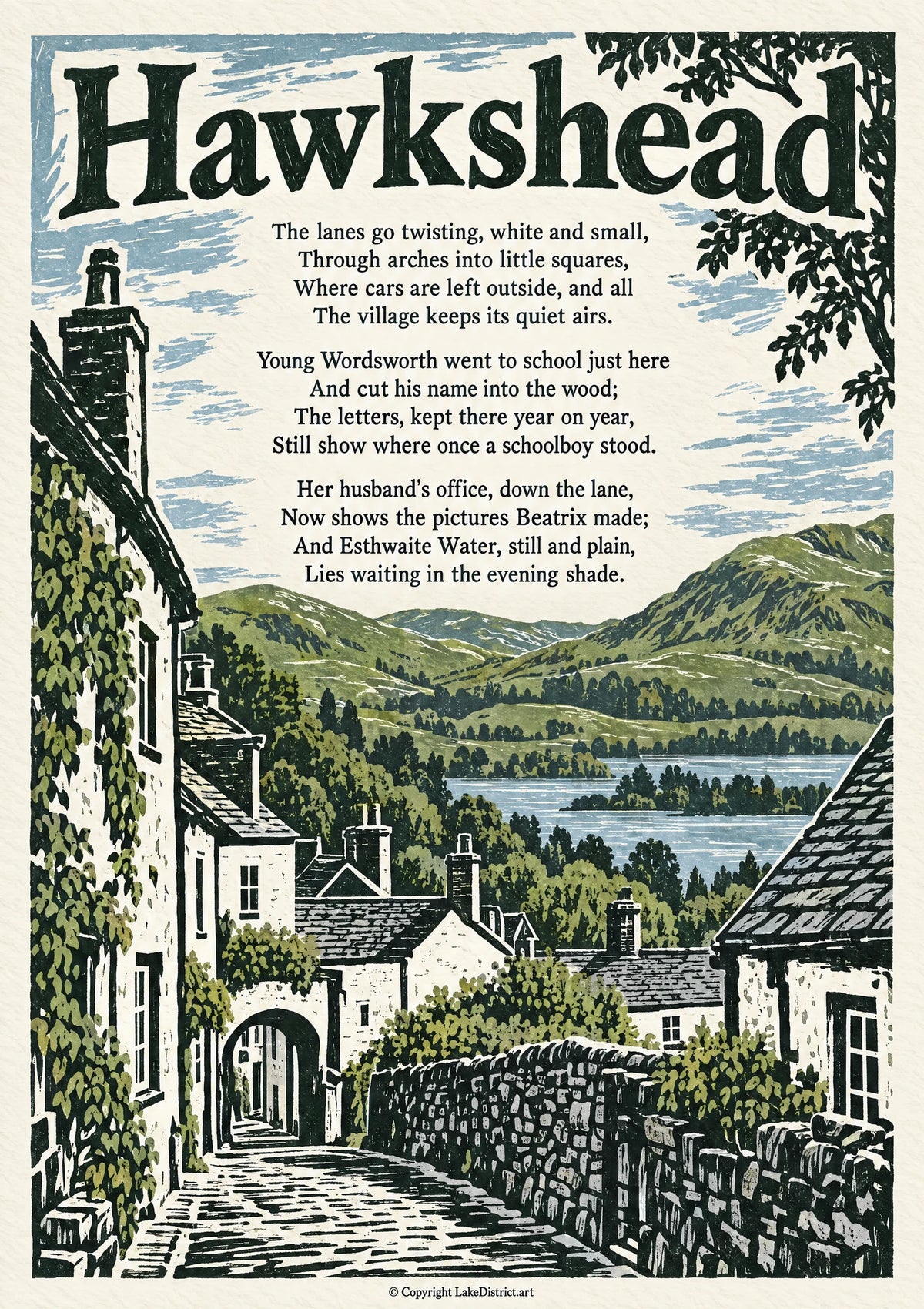 Hawkshead, an illustrated Lake District poem print