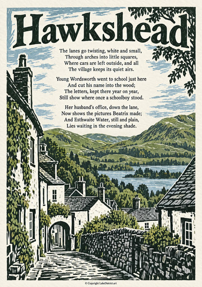 Hawkshead, an illustrated Lake District poem print