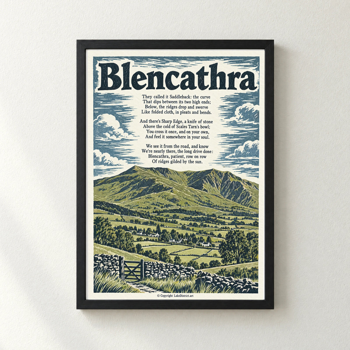 Blencathra poem print in a black frame