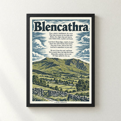 Blencathra poem print in a black frame