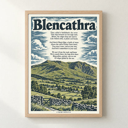 Blencathra poem print in a natural frame