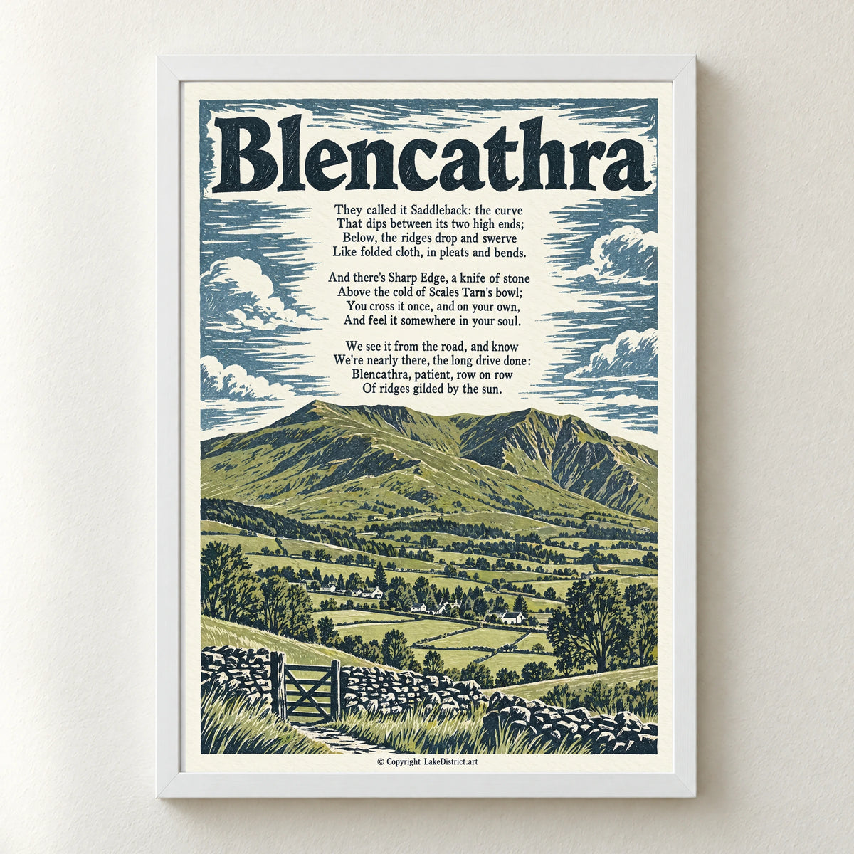 Blencathra poem print in a white frame
