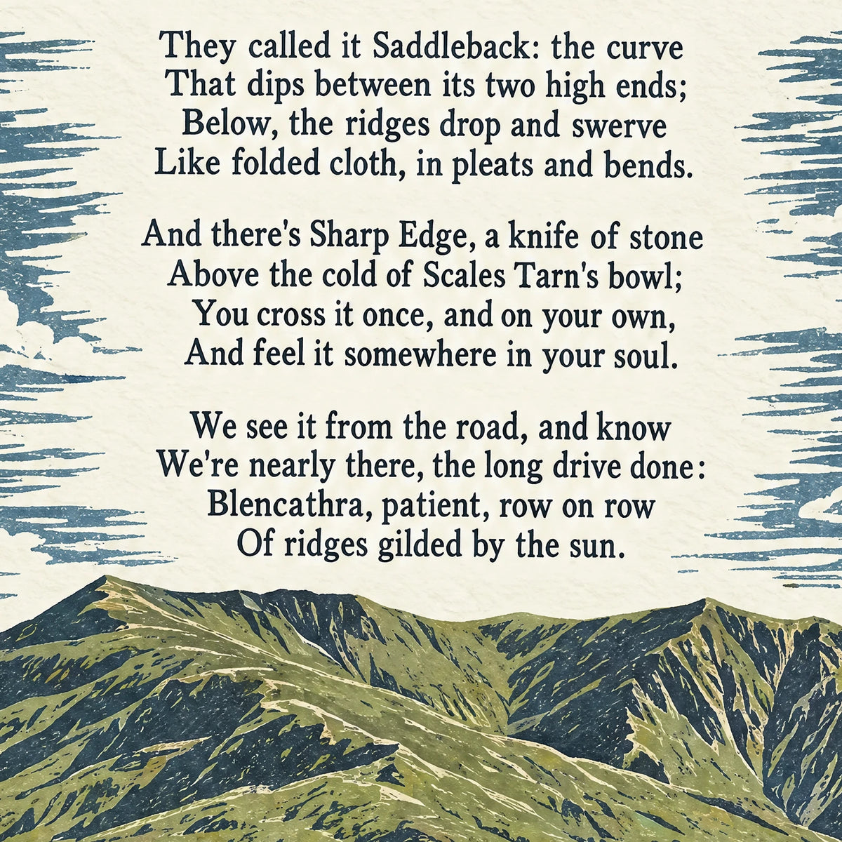 Blencathra poem print close-up: the lettering of the poem