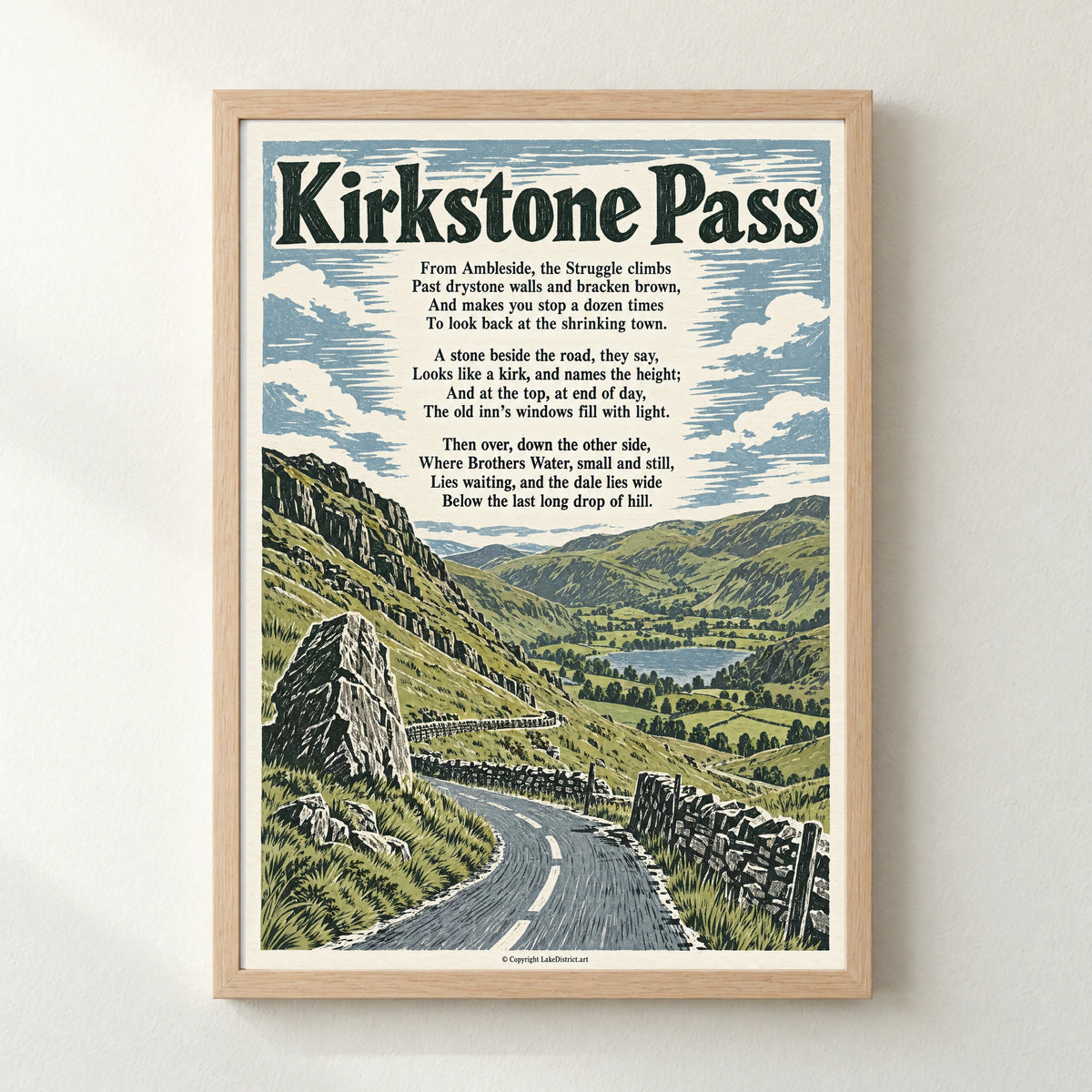 Kirkstone Pass poem print in a natural frame
