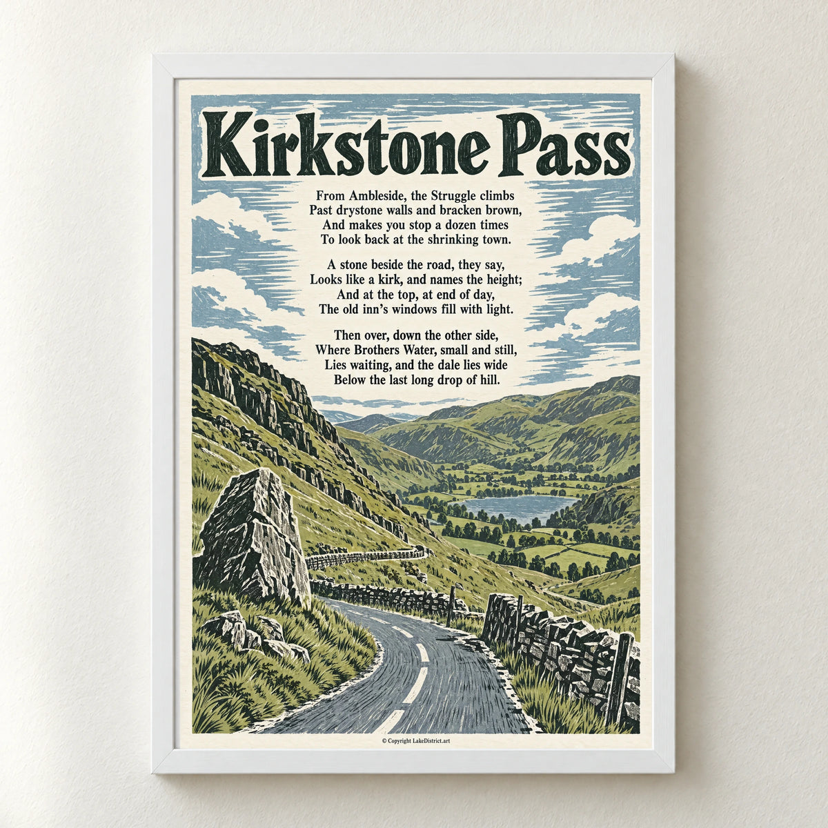 Kirkstone Pass poem print in a white frame