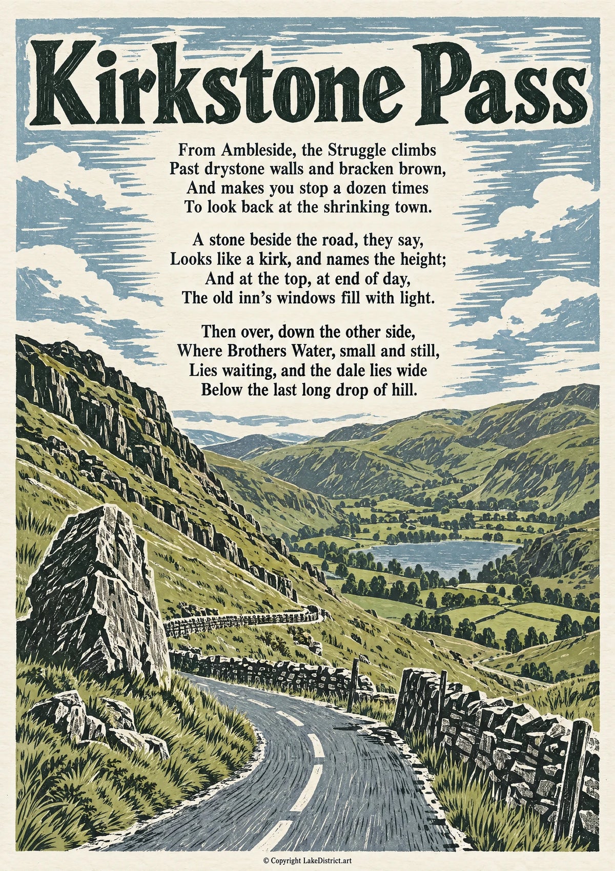 Kirkstone Pass, an illustrated Lake District poem print