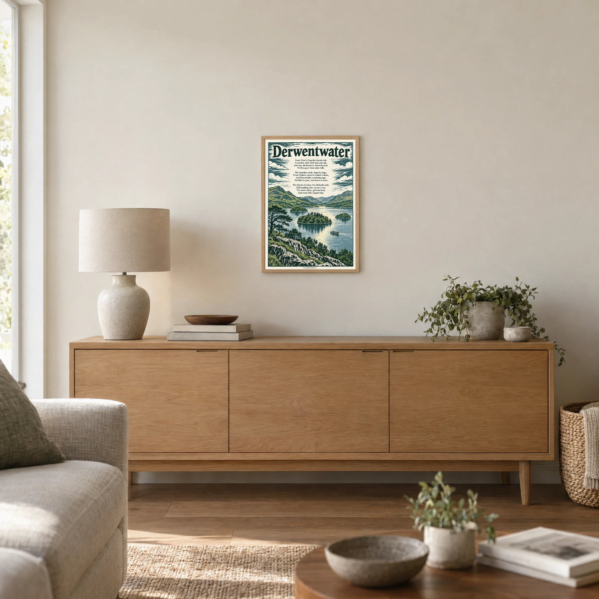Derwentwater poem print at A3 size, in a natural frame, hanging in a living room