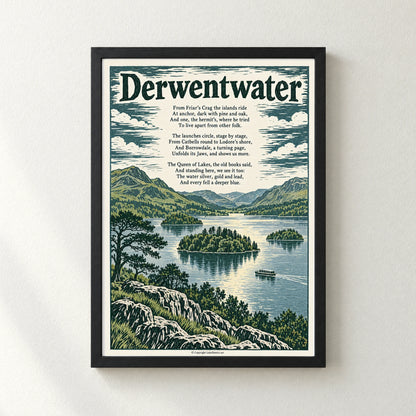 Derwentwater poem print in a black frame