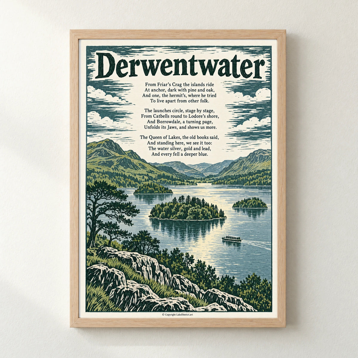 Derwentwater poem print in a natural frame