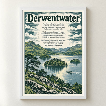 Derwentwater poem print in a white frame