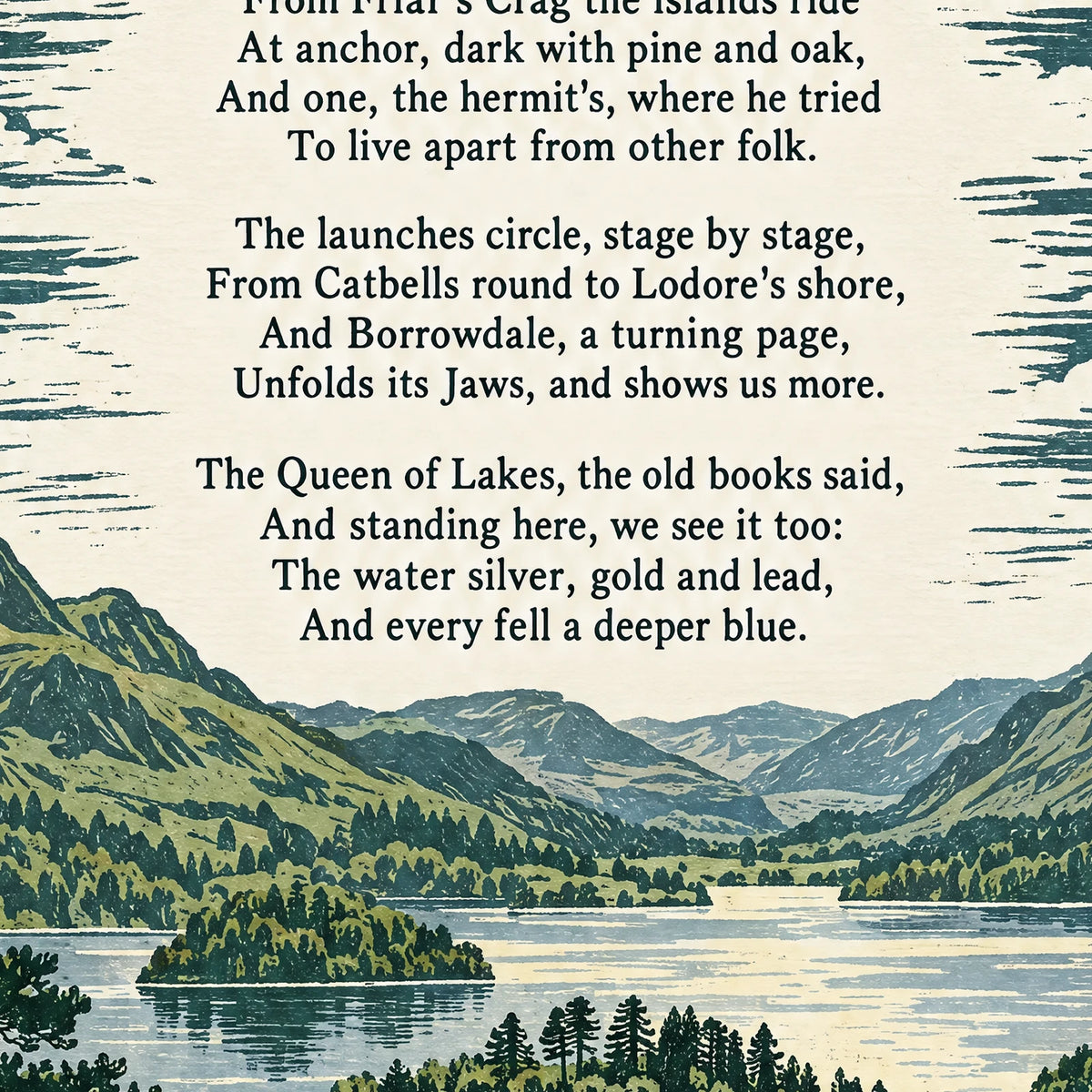 Derwentwater poem print close-up: the lettering of the poem