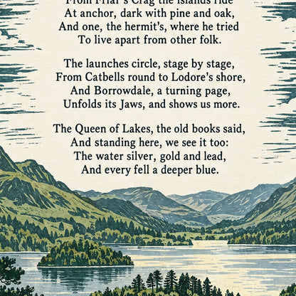 Derwentwater poem print close-up: the lettering of the poem