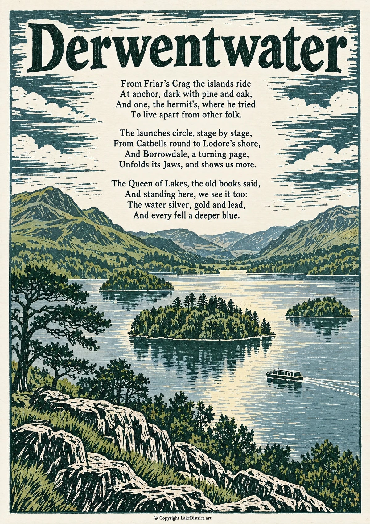 Derwentwater, an illustrated Lake District poem print