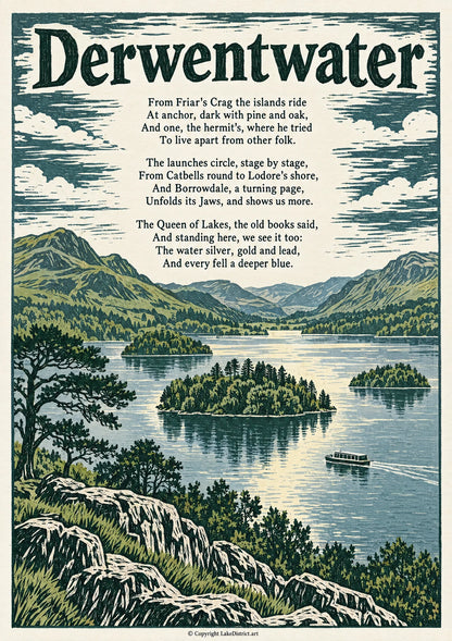 Derwentwater, an illustrated Lake District poem print
