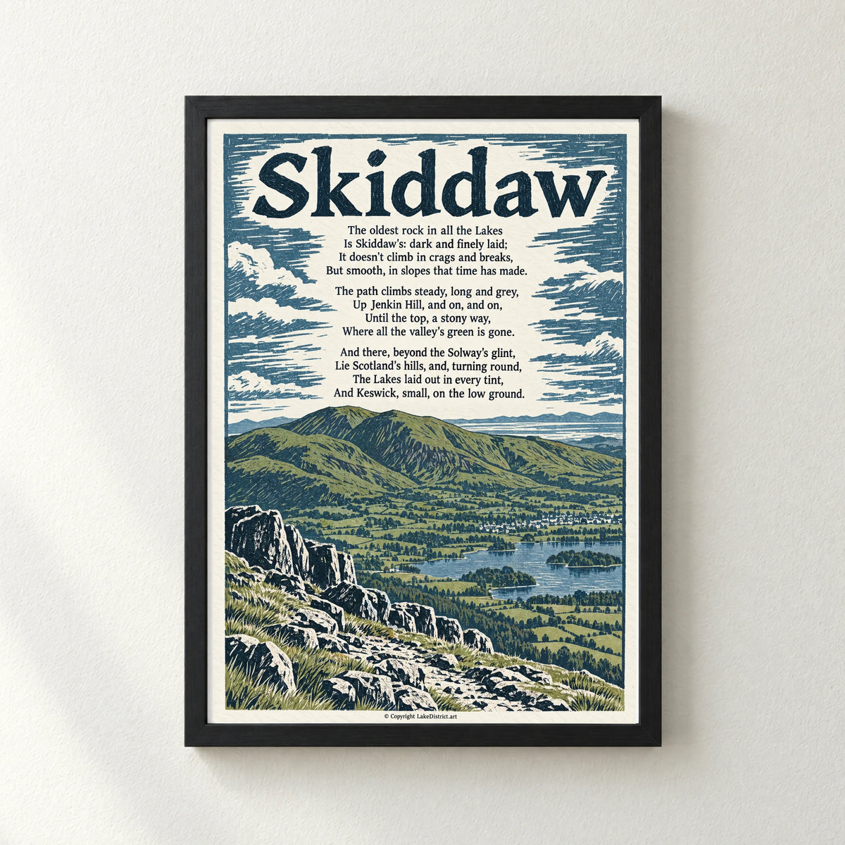 Skiddaw poem print in a black frame