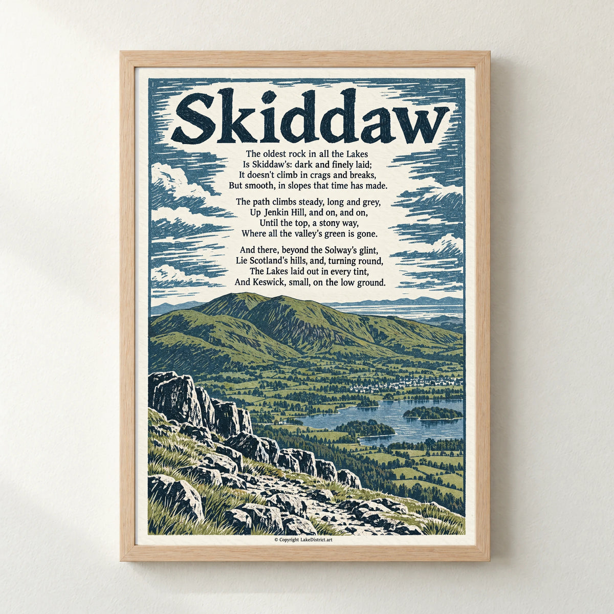 Skiddaw poem print in a natural frame