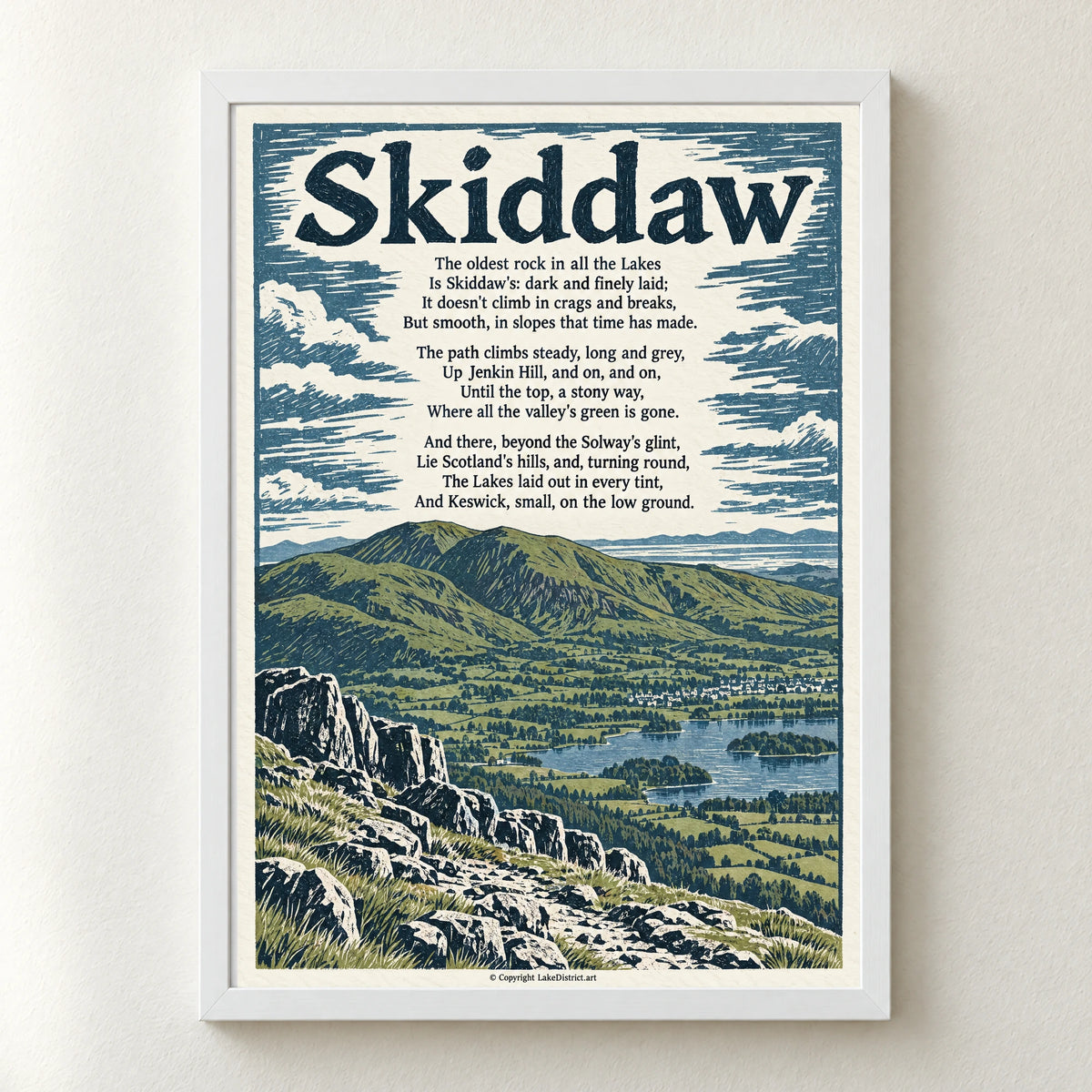 Skiddaw poem print in a white frame