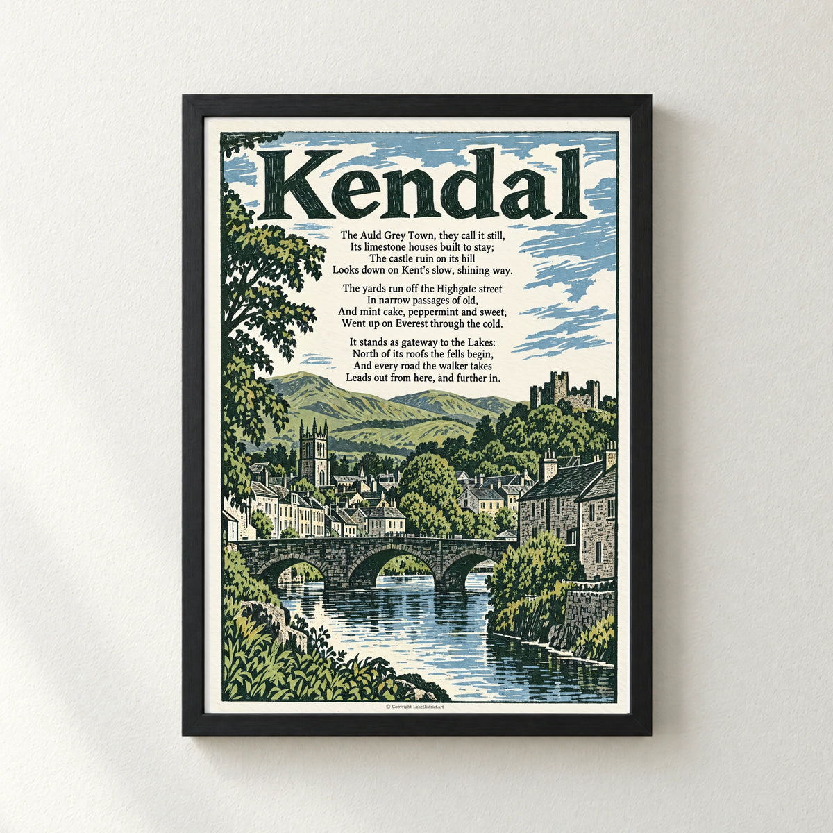 Kendal poem print in a black frame