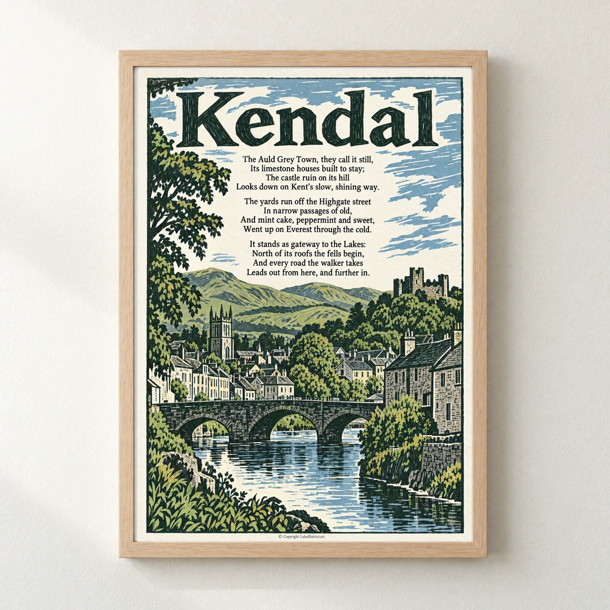 Kendal poem print in a natural frame