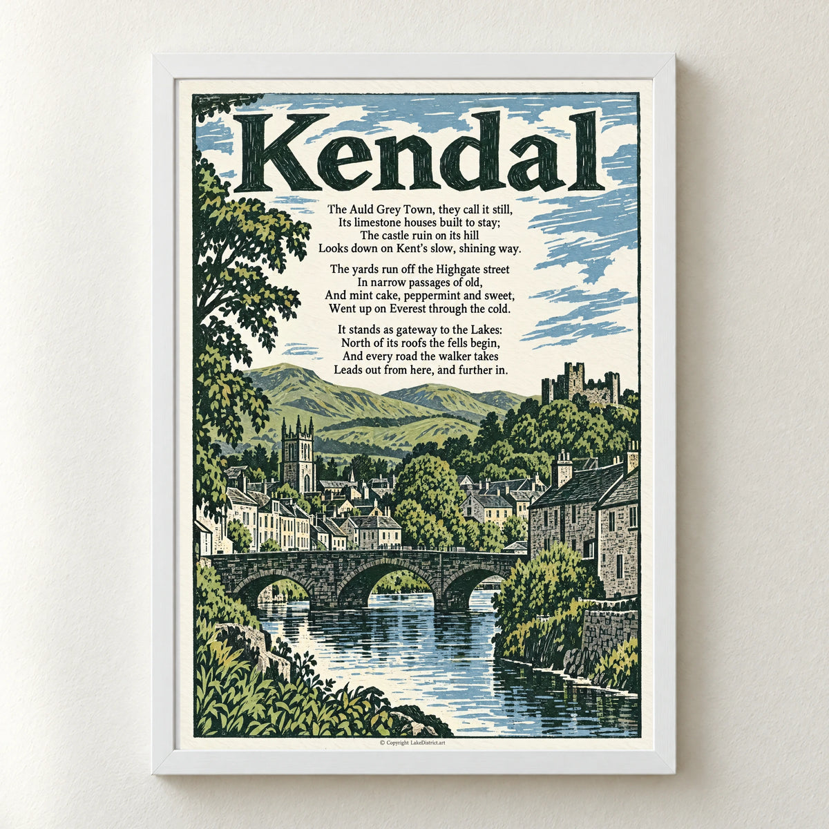 Kendal poem print in a white frame