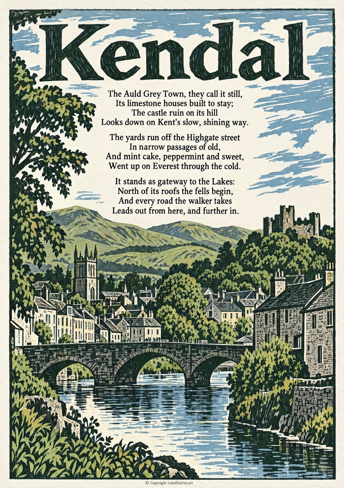 Kendal, an illustrated Lake District poem print
