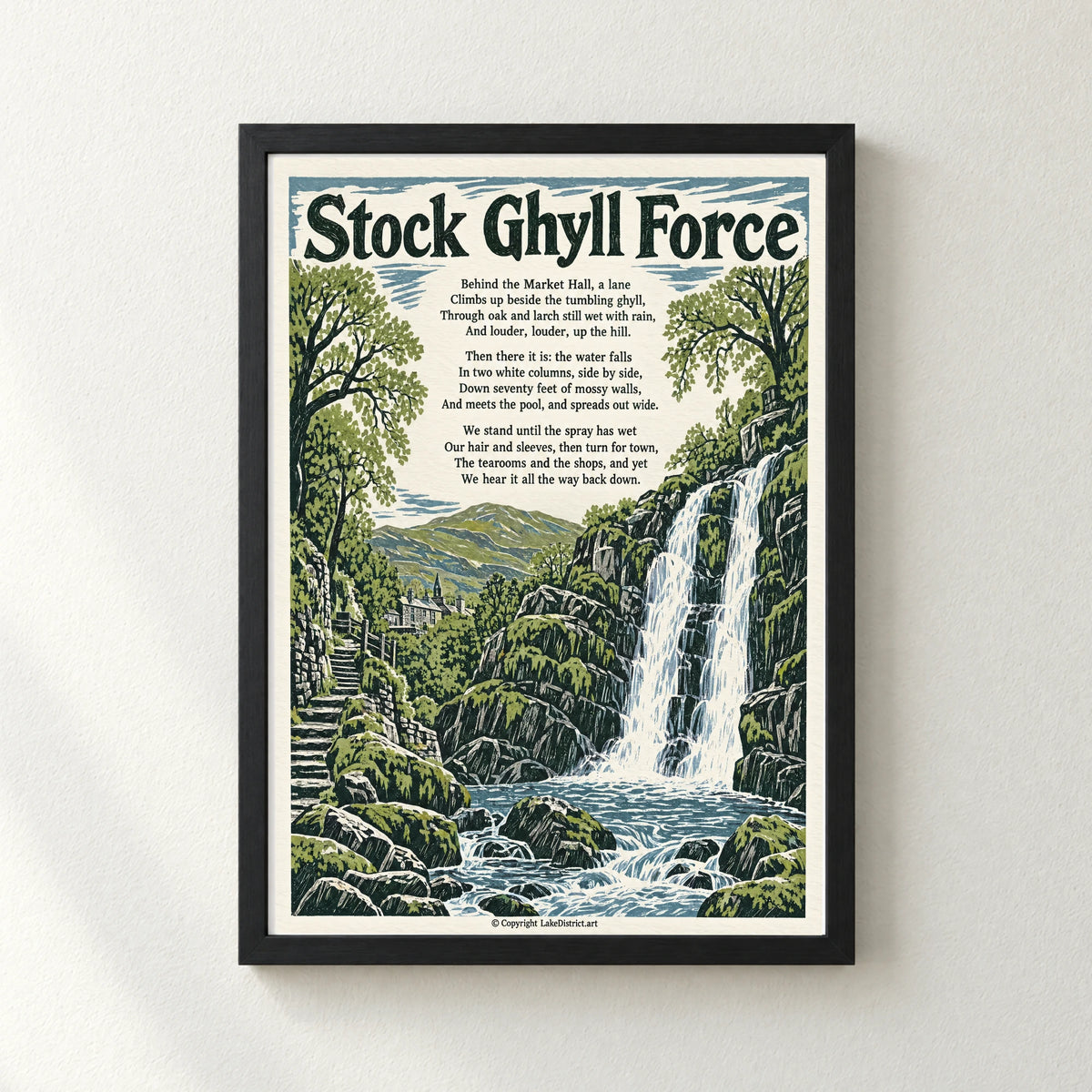 Stock Ghyll Force poem print in a black frame