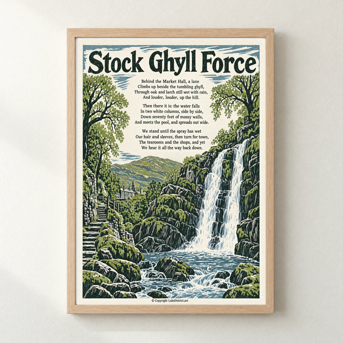 Stock Ghyll Force poem print in a natural frame