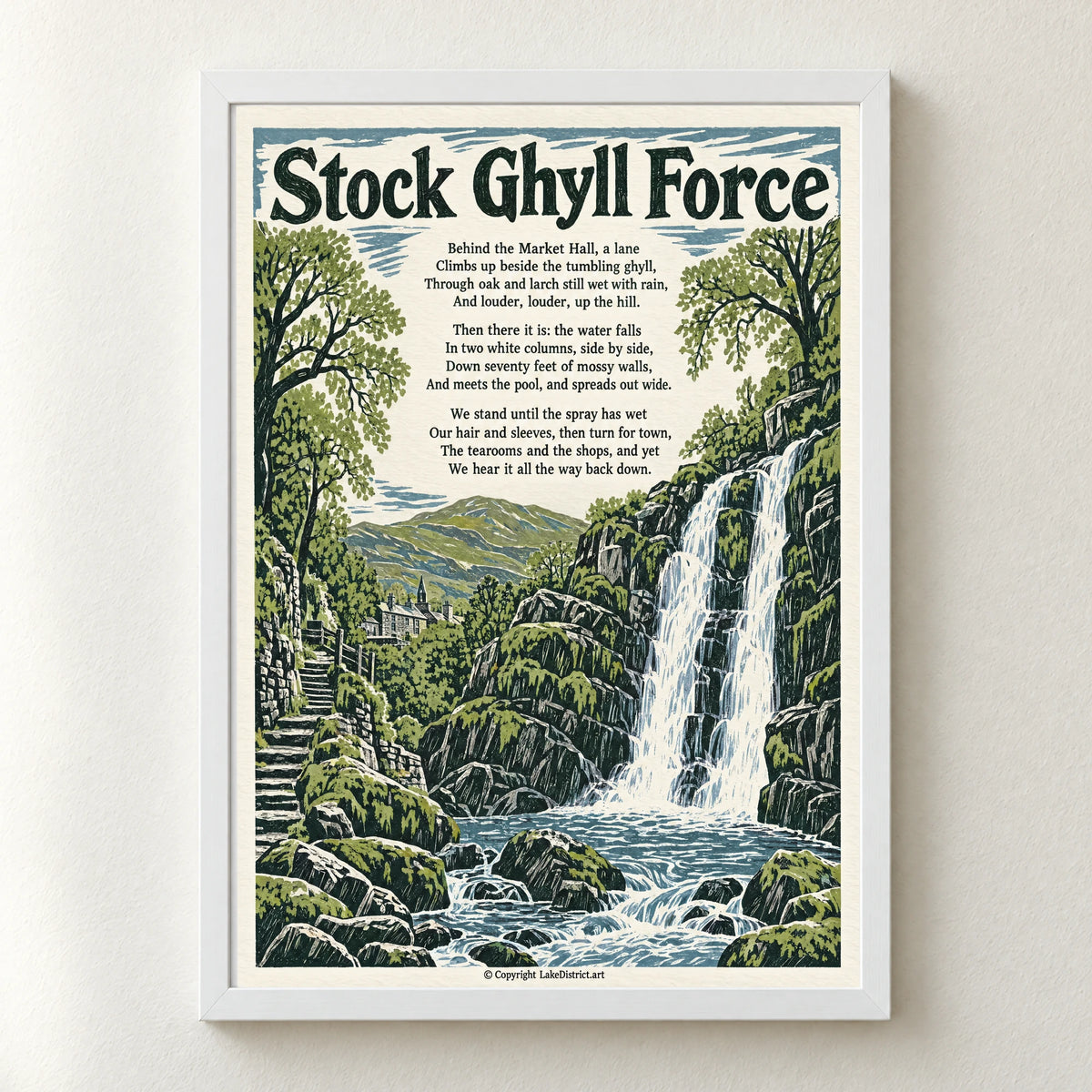 Stock Ghyll Force poem print in a white frame