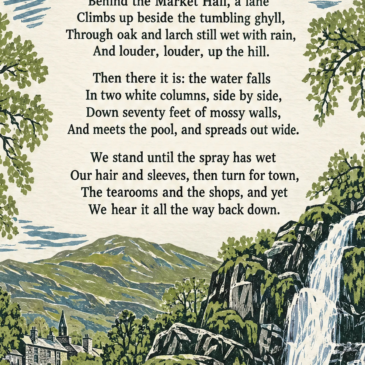 Stock Ghyll Force poem print close-up: the lettering of the poem