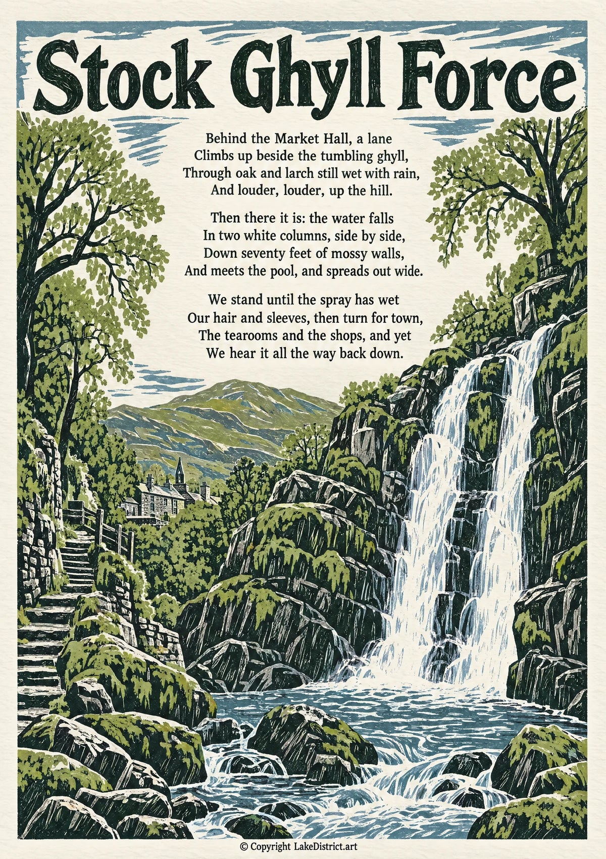 Stock Ghyll Force, an illustrated Lake District poem print
