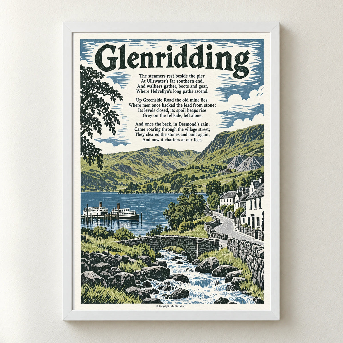 Glenridding poem print in a white frame
