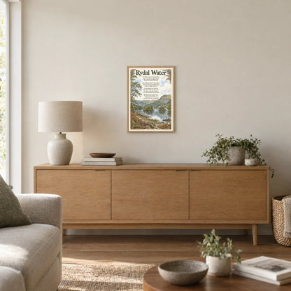 Rydal Water poem print at A3 size, in a natural frame, hanging in a living room